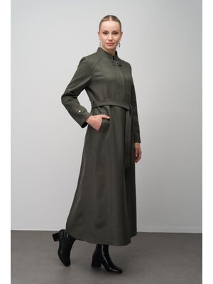 Haki m Yaka İşleme Ve Deri Aksesuarlı Gabardin Süet Görünümlü Büyük Beden Pardesü