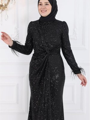 İkbal Payetli Abiye Elbise Siyah