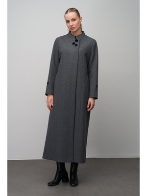 Antrasit Hakim Yaka İşleme Detaylı Yün Karışımlı Büyük Beden Pardesü