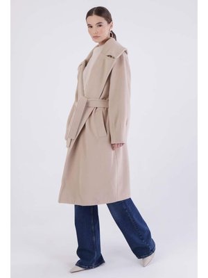 Bej Oversize Kuşaklı Kaşe Kaban