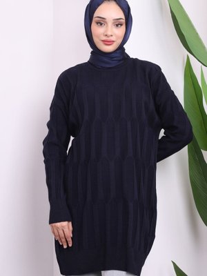 Lacivert Bisiklet Yaka İnce Merserize Salaş Triko Tunik Lacivert Bisiklet Yaka İnce Merserize Salaş Triko Tunik