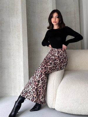 Siyah Yüksek Bel Leopar Deseli Uzun Kalem Etek