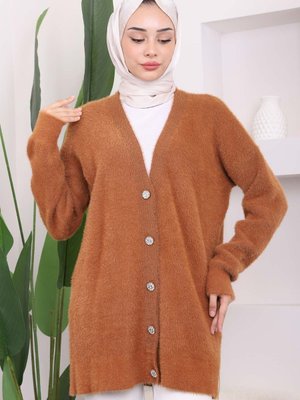 Camel Düğmeli Uzun Peluş Triko Hırka