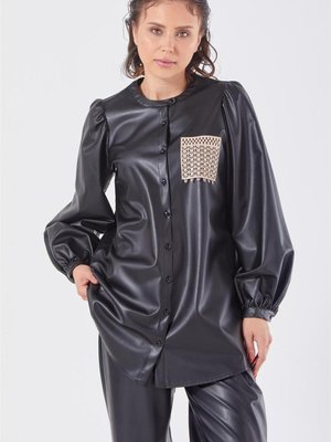 Sıfır Yaka Suni Deri Siyah Bluz