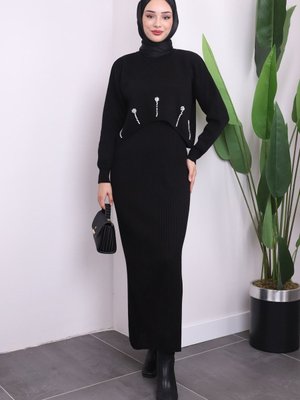 Siyah Crop Kazak Triko Elbise İkili Kombin Siyah Crop Kazak Triko Elbise İkili Kombin