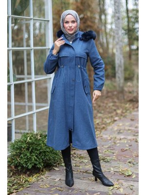 İndigo Tünel Detaylı Kaşe Kaban