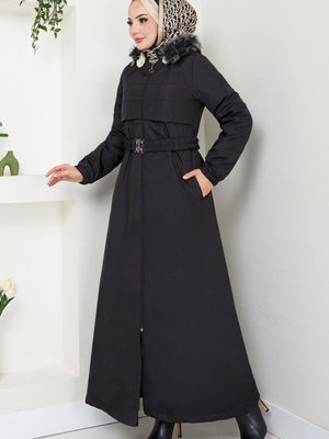 Kapitone Detaylı İçi Kürklü Kaban M Siyah