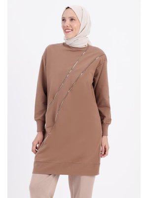 Vizon Süs Fermuarlı Büyük Beden Sweat Tunik Vizon Süs Fermuarlı Büyük Beden Sweat Tunik