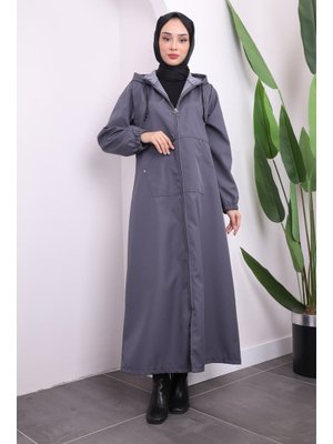 Gri Kapüşonlu Fermuarlı Kap Gri Kapüşonlu Fermuarlı Kap