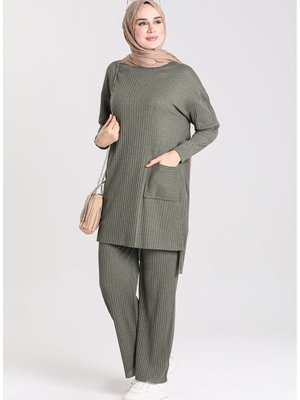 Asimetrik Cepli Tunik Pantolon İkili Takım Haki Asimetrik Cepli Tunik Pantolon İkili Takım Haki