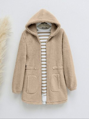 Beli Lastikli Kapüşonlu Fermuarlı Peluş Mont Beli Lastikli Kapüşonlu Fermuarlı Peluş Mont