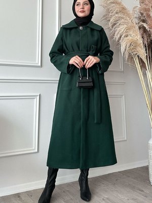 Kuşaklı Gizli Patlı Zümrüt Yeşili Kaban