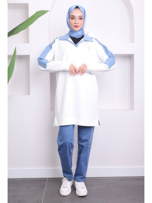 Beyaz Kot Detaylı Tunik Pantolonlu İkili Takım