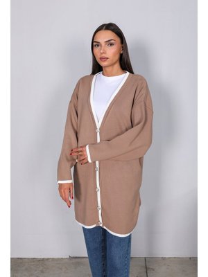 Bej Beyaz Düğmeli Triko Hırka