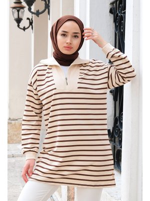 Kahverengi Önü Fermuarlı Çizgili Sweat Kahverengi Önü Fermuarlı Çizgili Sweat