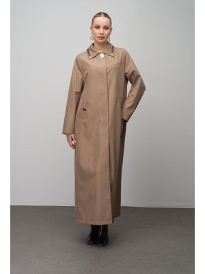 Vizon Gömlek Yaka Deri Ve Metal Aksesuarlı Büyük Beden Astarlı Trenç Pardesü