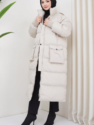 Gizli Kapüşonlu Körüklü Cep Oversize Mont Ekru Gizli Kapüşonlu Körüklü Cep Oversize Mont Ekru