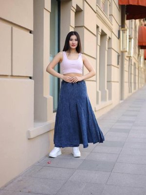 Petrol Mavisi Bohem Yıkamalı Parçalı Beli Lastikli Astarlı Koton Uzun Etek