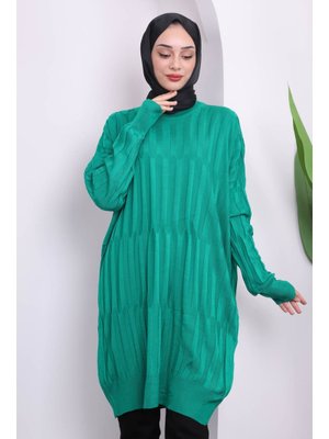 Yeşil Bisiklet Yaka Merserize Salaş Triko Tunik