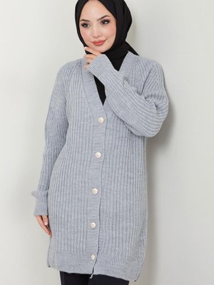 Fitilli Düğmeli Triko Hırka Gri