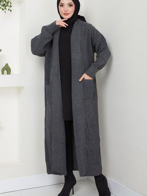 Şal Yaka Cepli Triko Hırka Füme Şal Yaka Cepli Triko Hırka Füme