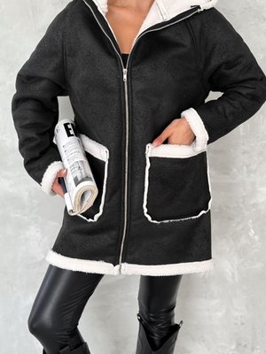Siyah Kuzu Süet Cep Ve Fermuarlı Kapüşonlu Ceket