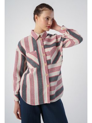 Pamuklu Çizgili Cepli Yanları Yırtmaçlı Gömlek Siyah Kırmızı