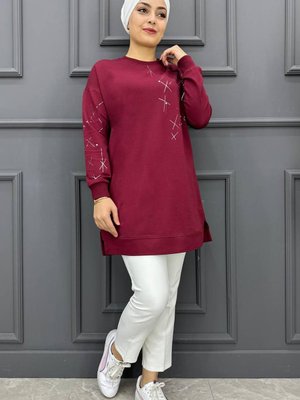Baskı Ve Taş Detaylı Tunik Bordo