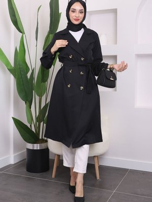 Siyah Kruvaze Yaka Düğmeli Trençkot Siyah Kruvaze Yaka Düğmeli Trençkot