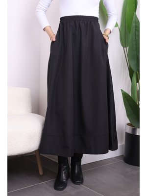 Siyah Cepli Bel Lastikli Kloş Bondit Etek