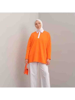 Polo Yaka Portakal Rengi Sweatshirt