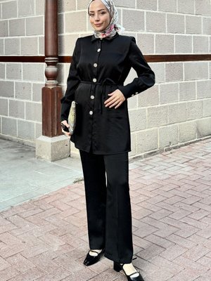 Saten Kuşaklı Taşlı Pantolunlu Takım Siyah
