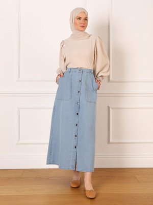 Düğme Ve Cep Detaylı Denim Etek Buz Mavisi