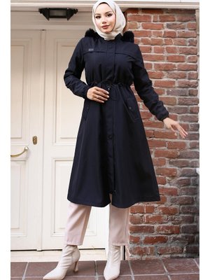 Siyah İçi Peluşlu Yakası Kürklü Bondit Mont