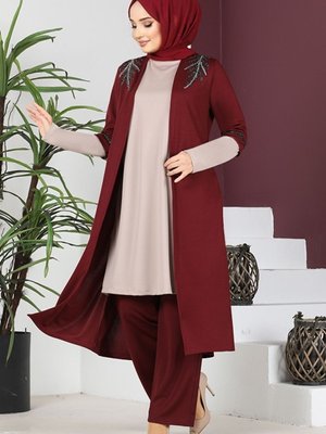 Giyim Abiye Moda Aplike Taşlı Tunik Pantolon Takım Bordo Vizon