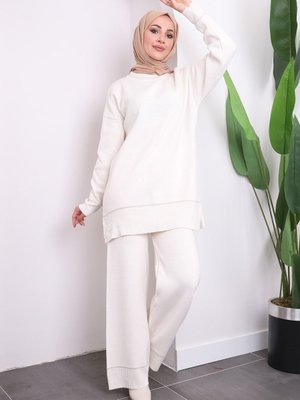 Krem Pantolonlu Triko Tunik Takım