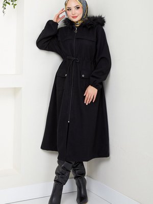 Kapşonu Kürklü Kaban M Siyah