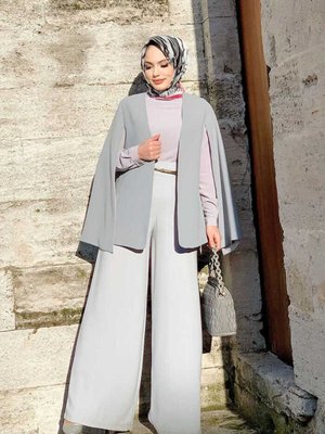 Pelerin Kol Görünümlü Düz Astarlı Ceket Gri