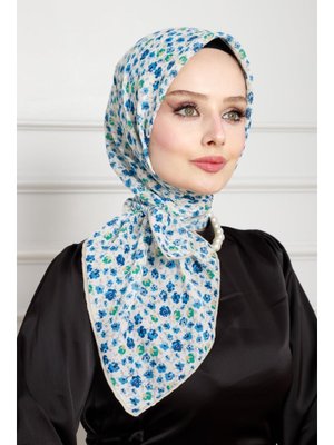 Mavi Çiçek Desen Pamuklu Eşarp