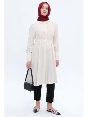 Ekru Geniş Manşetli Kemerli Tunik