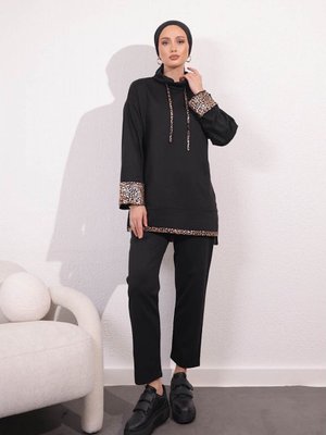 Uzun Kollu Bağlamalı Lame Leopar Garnili İkili Takım