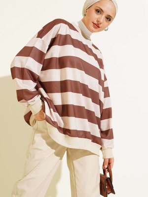 Kahverengi Yatay Çizgili Oversize Tunik