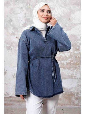 Mavi Liyer Gömlek Yaka Kot Tunik