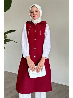 Bordo Jakar Kapitone Zincir Detaylı Yelek Bordo Jakar Kapitone Zincir Detaylı Yelek