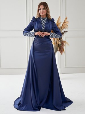 Lacivert Camekan Abiye Elbise Lacivert Camekan Abiye Elbise