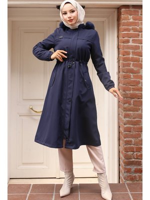 Lacivert İçi Peluşlu Yakası Kürklü Bondit Mont