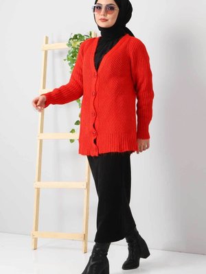 Düğmeli Triko Hırka Kırmızı