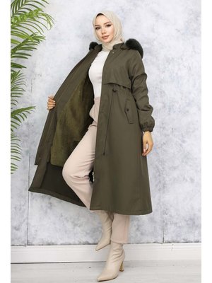 Haki İçi Peluşlu Yakası Kürklü Bondit Mont