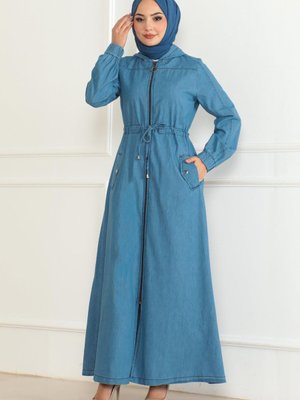 Açık Mavi Kot Beli Bağcıklı Ferace Açık Mavi Kot Beli Bağcıklı Ferace