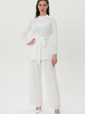 Taş Şerit Kemerli Uzun Kollu Bluz Ve Pantolon Takımı